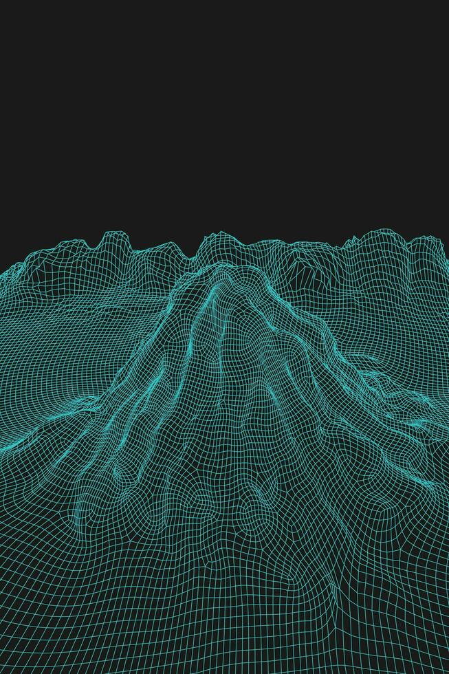 Blue abstract vector wireframe landscape background. 3D futuristic mesh mountains. 80s Retro illustration. Cyberspace technology valleys