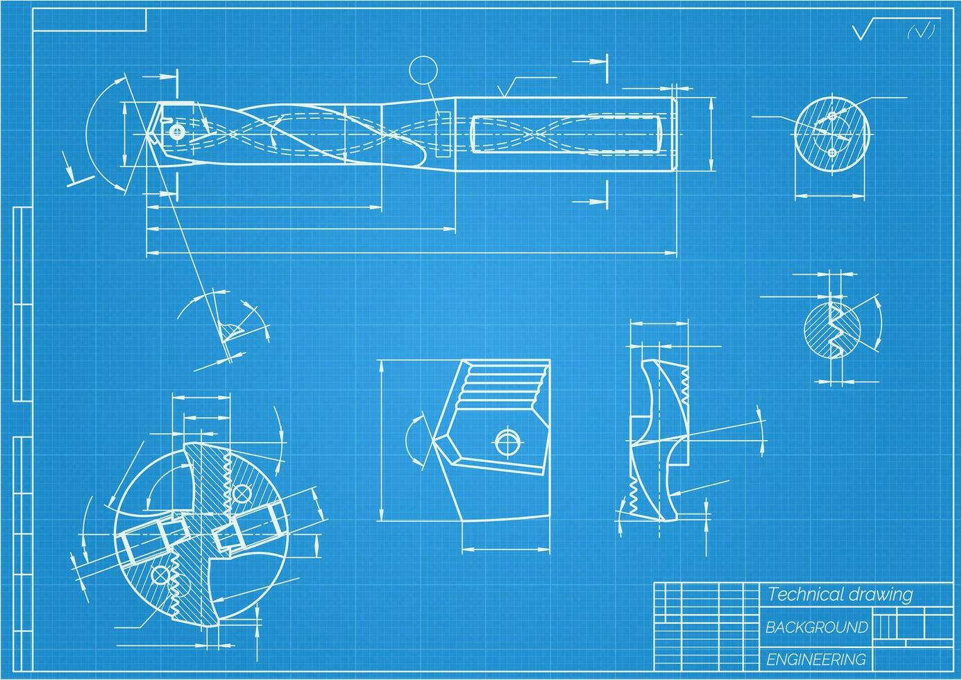 Mechanical engineering drawings on blue background. Drill tools, borer. Technical Design. Cover. Blueprint. Vector illustration