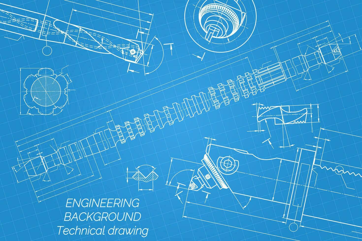 Mechanical engineering drawings on blue background. Drill tools, borer. Boring bar with micrometric adjustment. Broach. Technical Design. Cover. Blueprint. Vector illustration