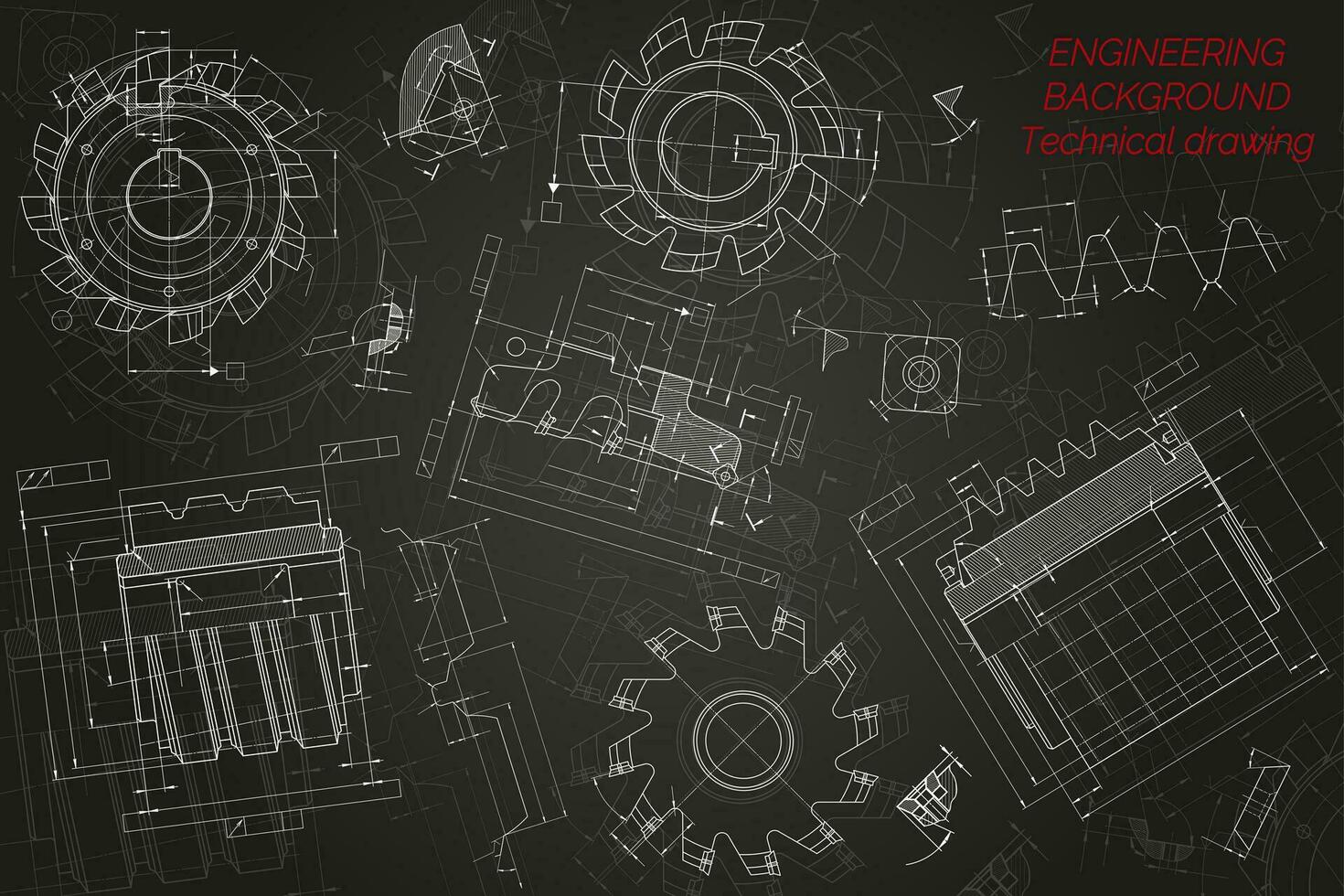 Mechanical engineering drawings on black background. Cutting tools, milling cutter. Technical Design. Cover. Blueprint. Vector illustration