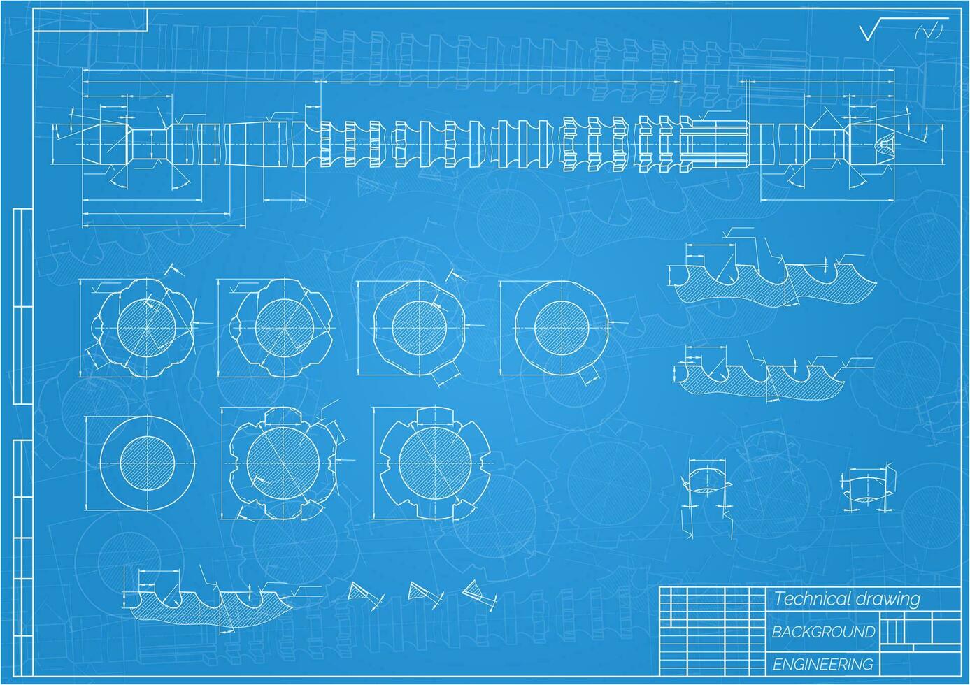 Mechanical engineering drawings on blue background. Broach. Technical Design. Cover. Blueprint. Vector illustration