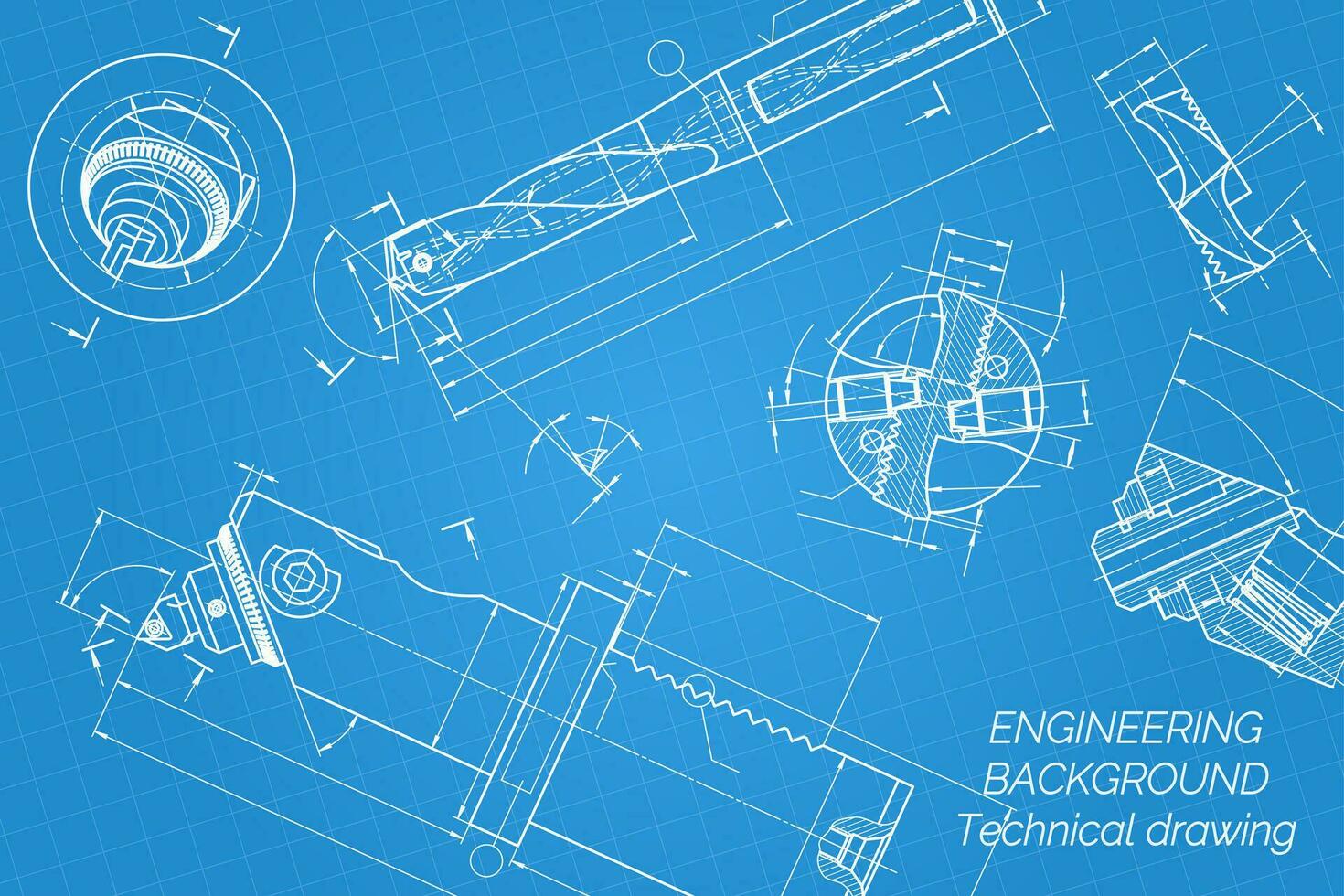 Mechanical engineering drawings on blue background. Drill tools, borer. Boring bar with micrometric adjustment. Broach. Technical Design. Cover. Blueprint. Vector illustration