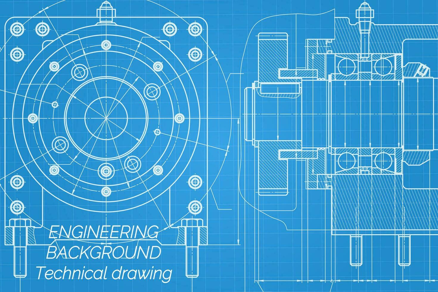 Mechanical engineering drawings on blue background. Milling machine spindle. Technical Design. Cover. Blueprint. Vector illustration