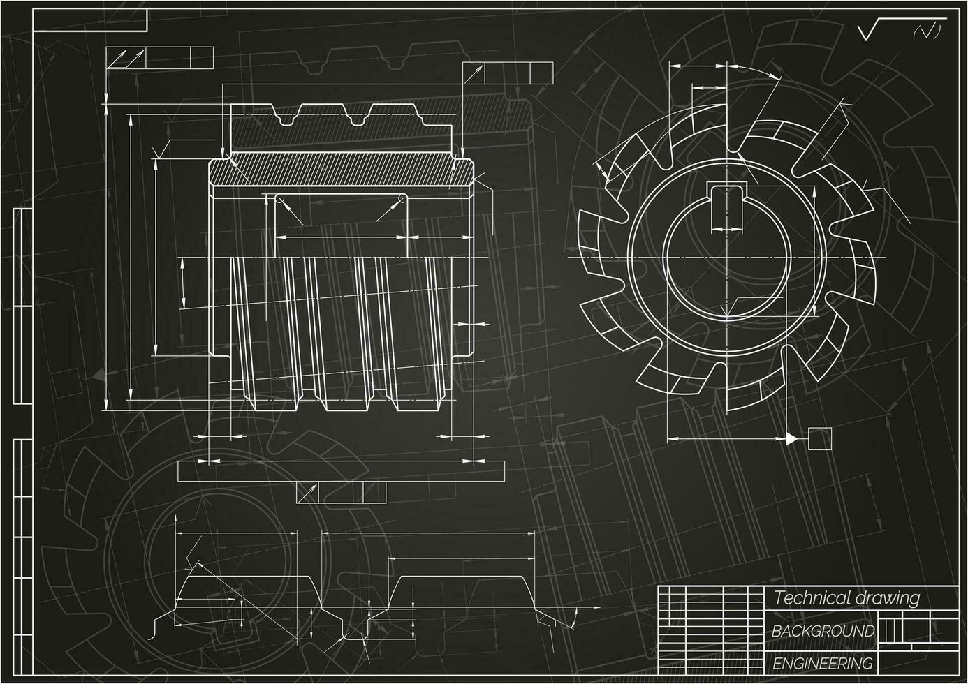 mecánico Ingenieria dibujos en negro antecedentes. corte herramientas, molienda cortador. técnico diseño. cubrir. Plano. vector ilustración