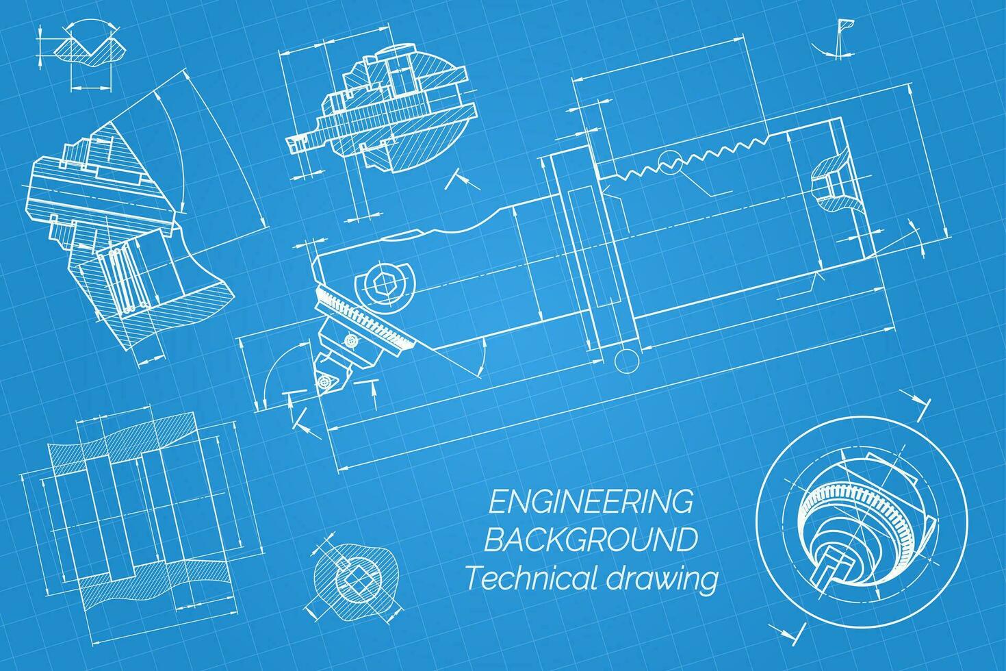 Mechanical engineering drawings on blue background. Boring bar with micrometric adjustment. Technical Design. Cover. Blueprint. Vector illustration