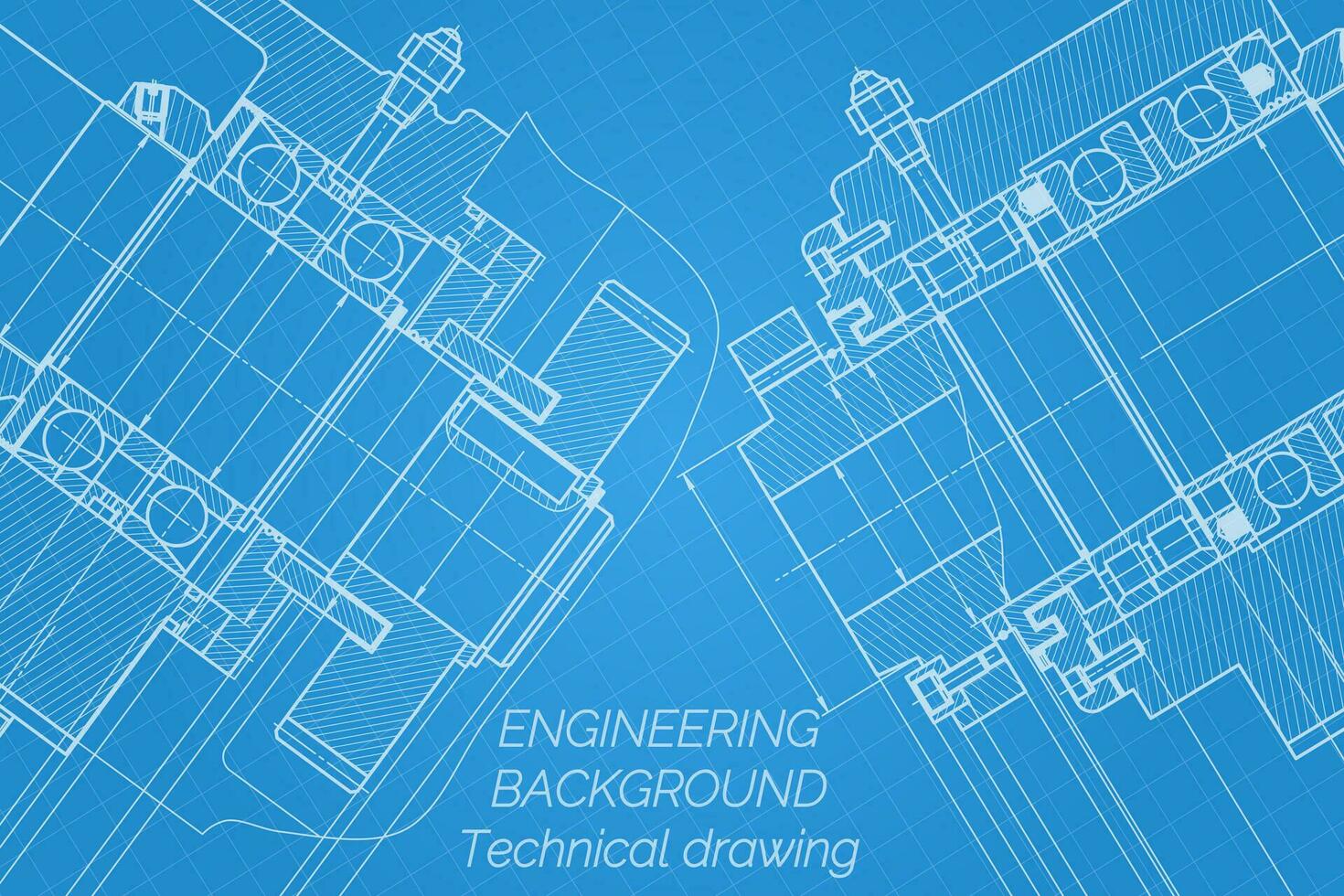 Mechanical engineering drawings on blue background. Milling machine spindle. Technical Design. Cover. Blueprint. Vector illustration