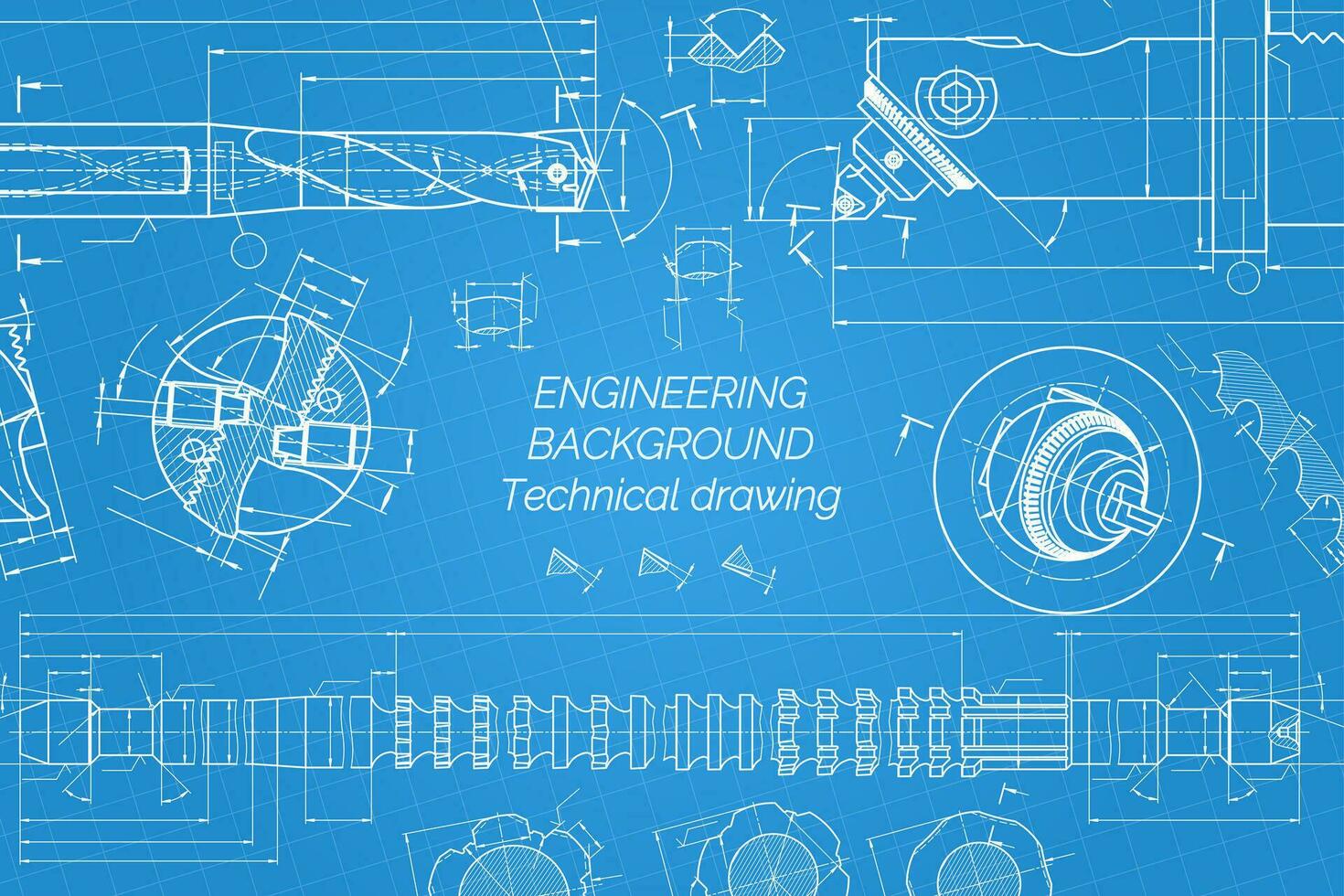 Mechanical engineering drawings on blue background. Drill tools, borer. Boring bar with micrometric adjustment. Broach. Technical Design. Cover. Blueprint. Vector illustration