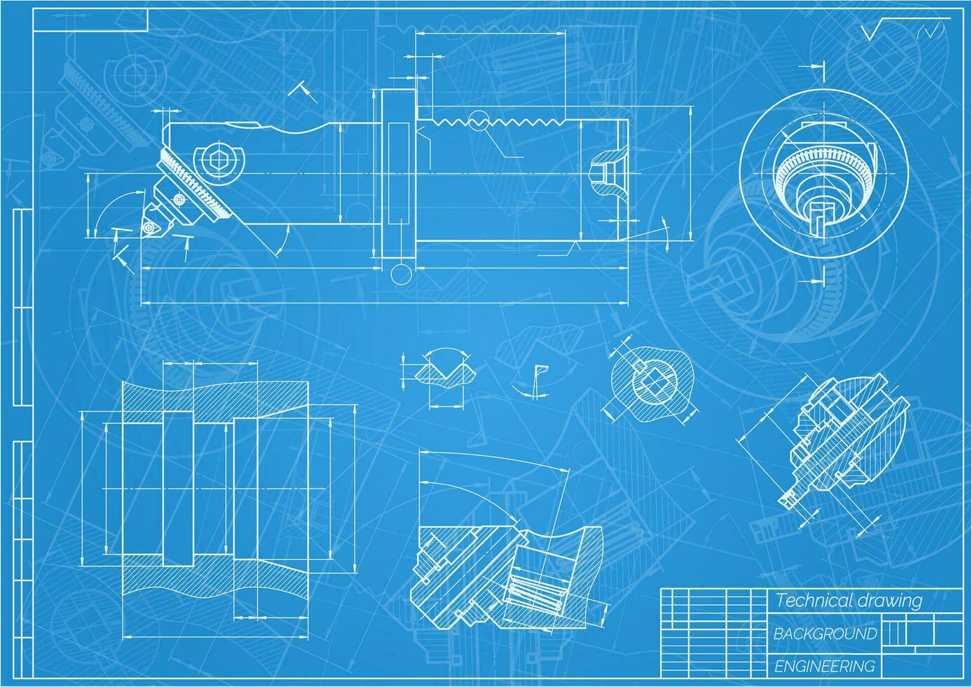 Mechanical engineering drawings on blue background. Boring bar with micrometric adjustment. Technical Design. Cover. Blueprint. Vector illustration