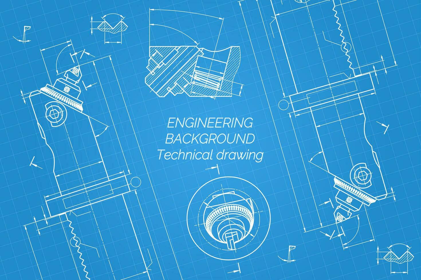 Mechanical engineering drawings on blue background. Boring bar with micrometric adjustment. Technical Design. Cover. Blueprint. Vector illustration