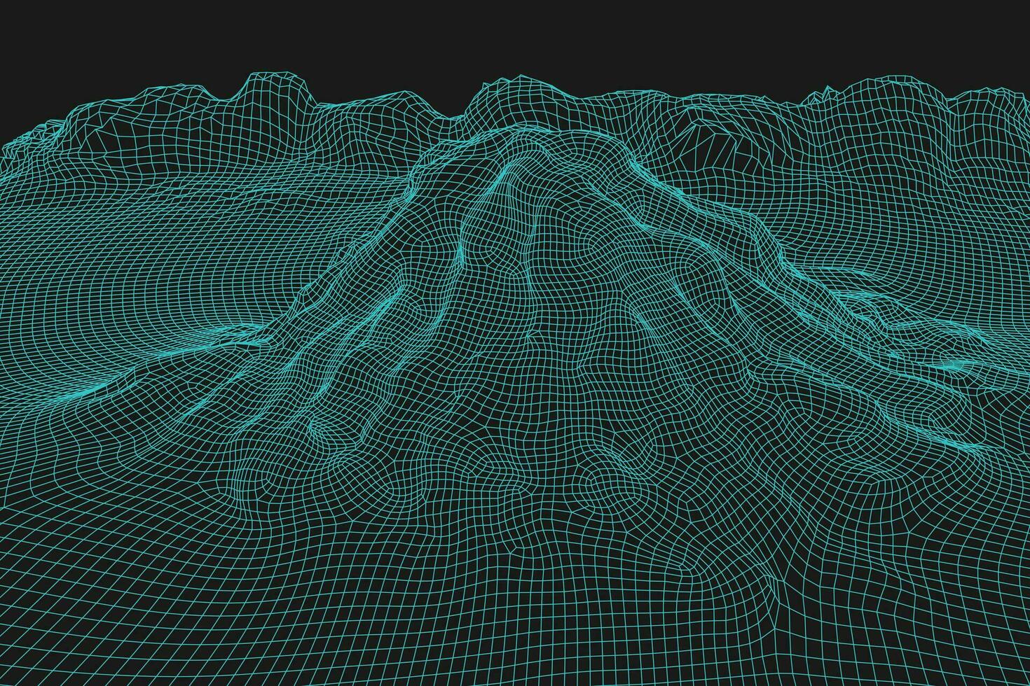 Blue abstract vector wireframe landscape background. 3D futuristic mesh mountains. 80s Retro illustration. Cyberspace technology valleys