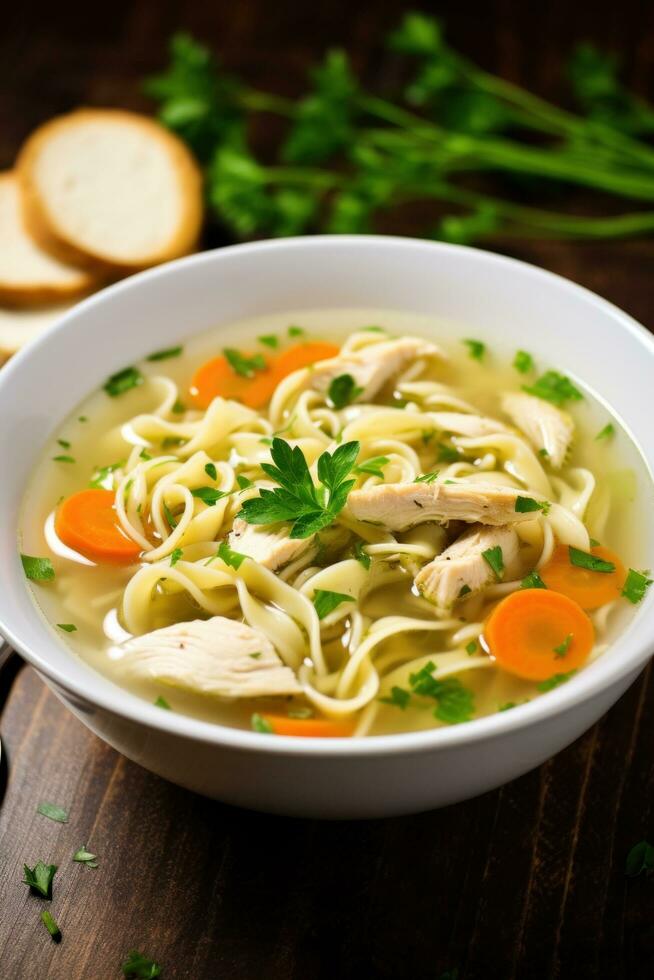 AI generated A classic chicken noodle soup with tender chunks of chicken photo