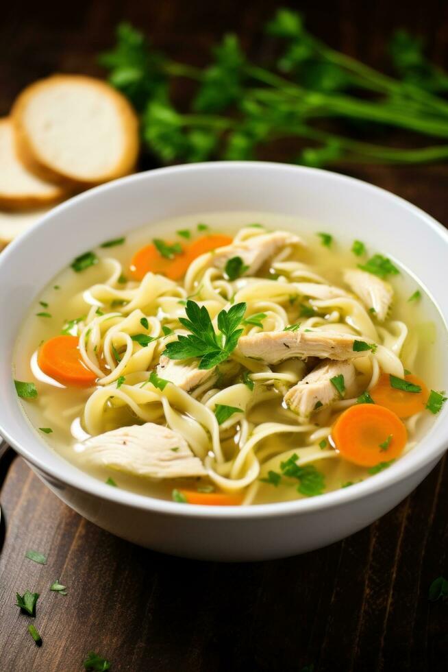 ai generado un clásico pollo fideos sopa con oferta trozos de pollo foto