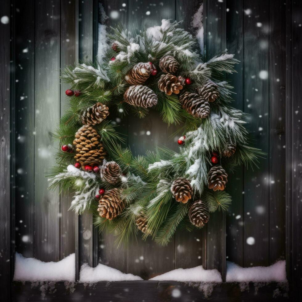 AI generated A beautiful Christmas wreath hanging on a rustic wooden door photo