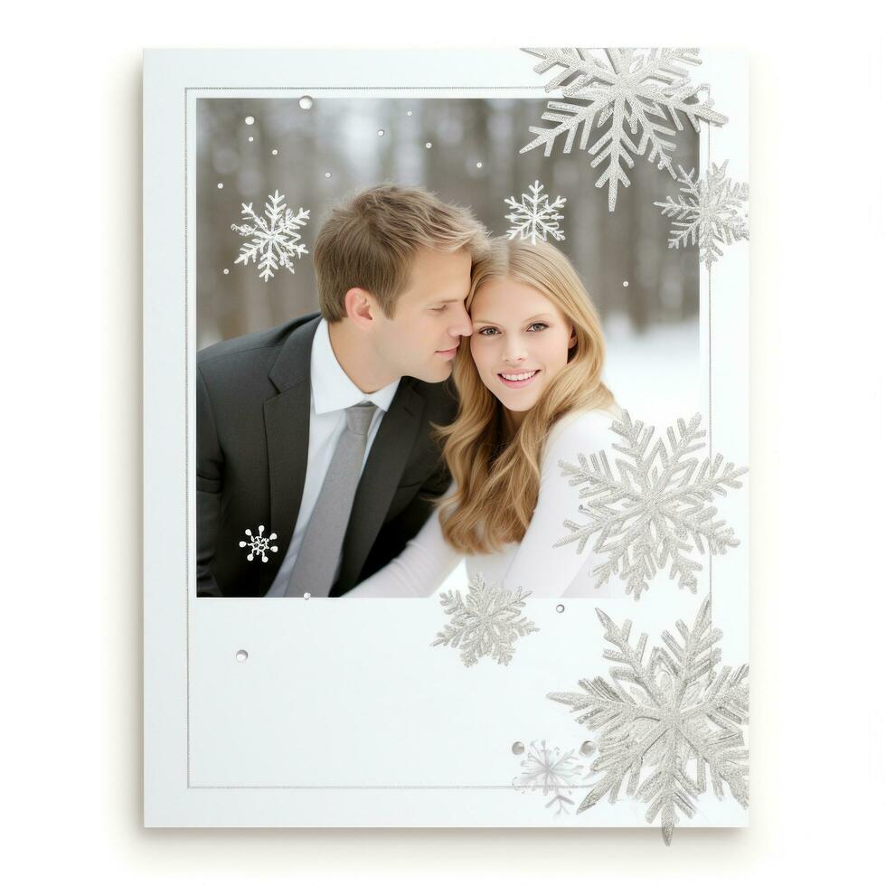 AI generated white and silver frame with clean lines and subtle snowflakes to your New Year's card photo