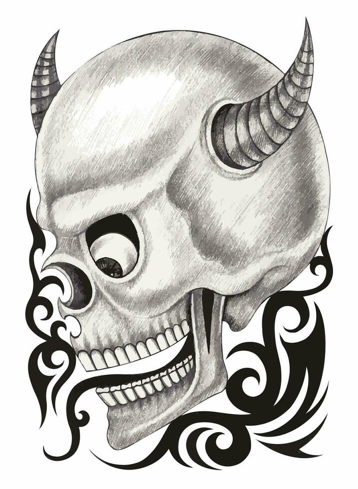 Demon skull tattoo design by hand pencil drawing. vector