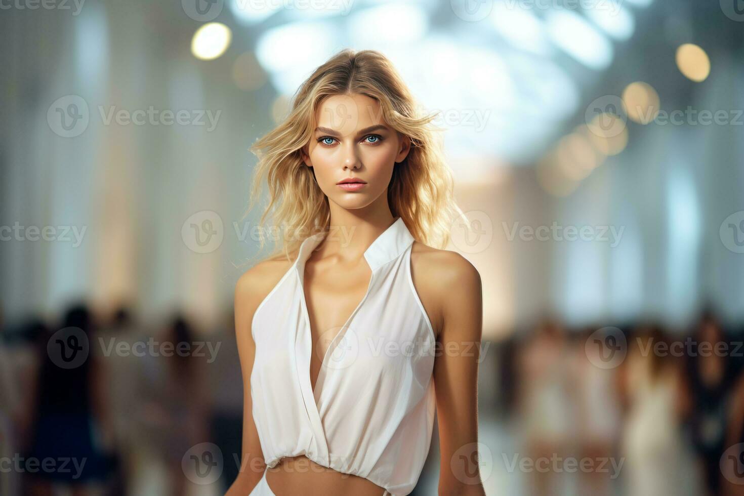 AI generated Female fashion model on catwalk event. Generative AI photo