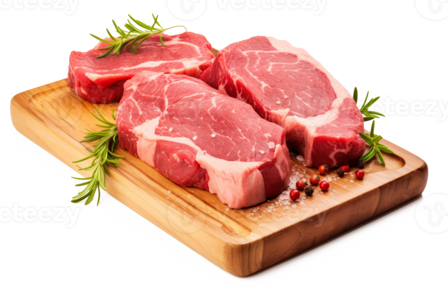 AI generated Fresh raw meat steaks and rosemary on cutting board isolated on transparent background png