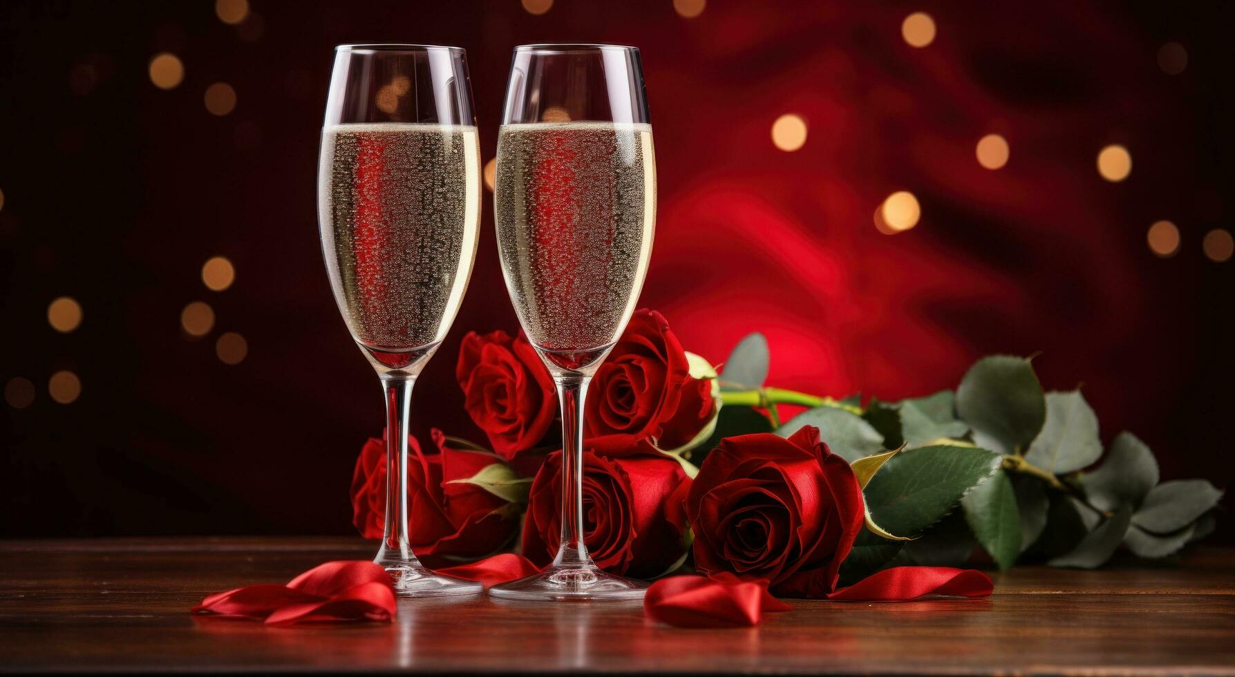 AI generated rose with champagne and sparkling lights photo