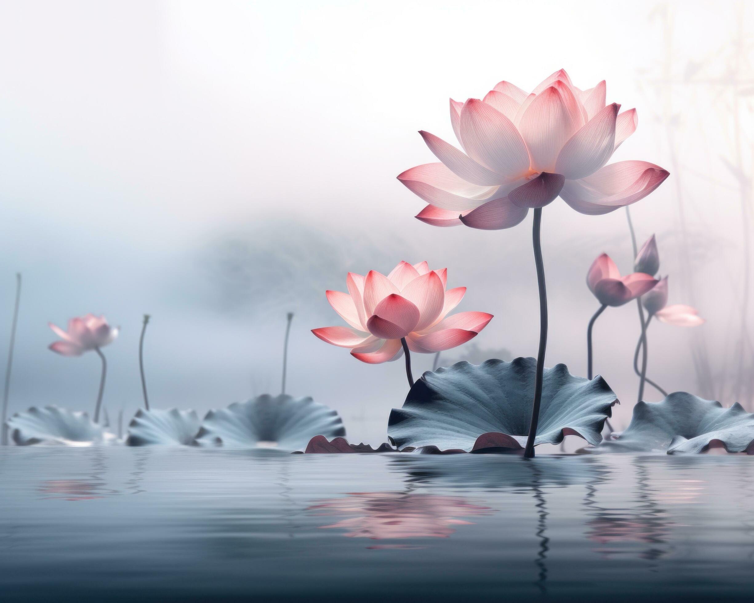 AI generated pink lotus flower floating on water on the blue background