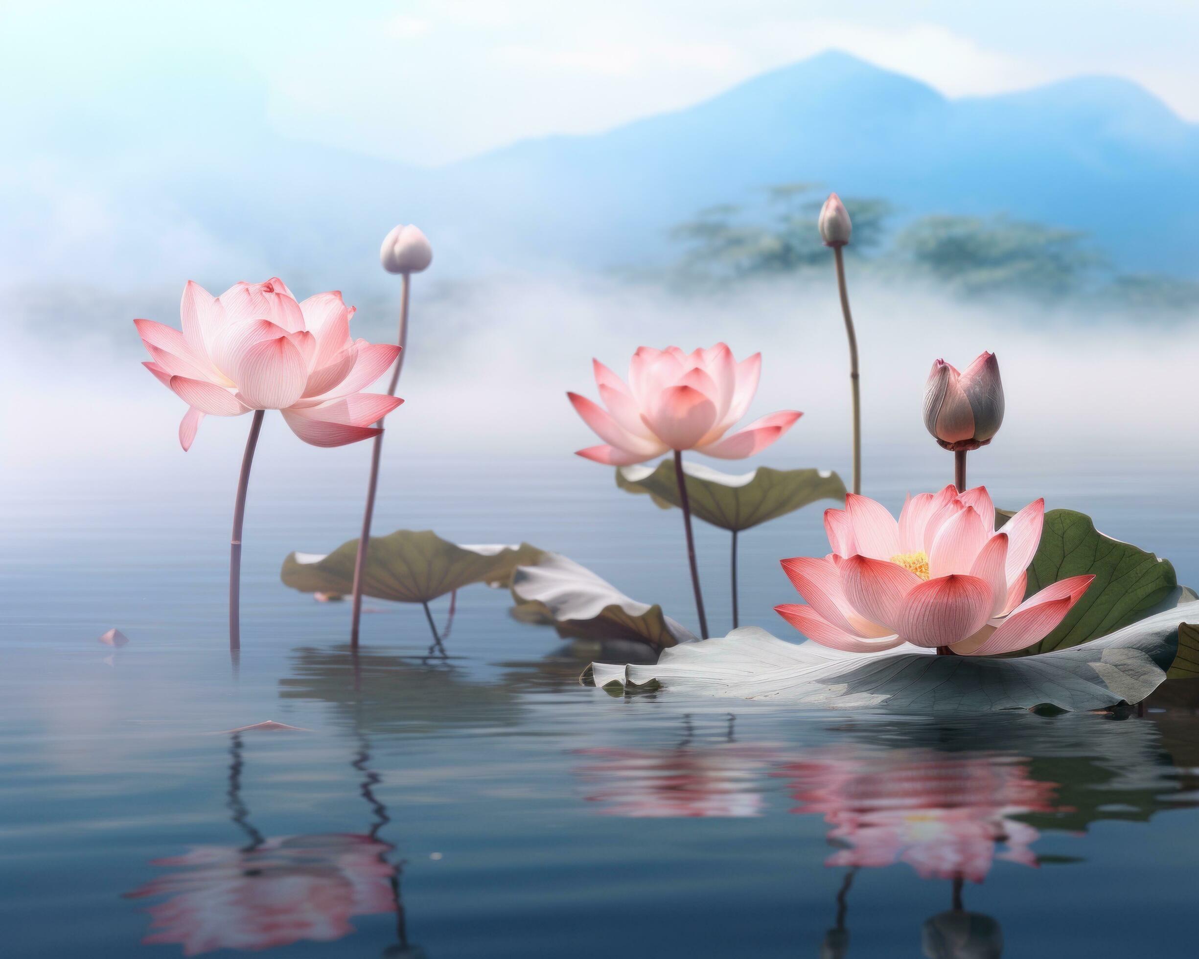 AI generated pink lotus flower floating on water on the blue background