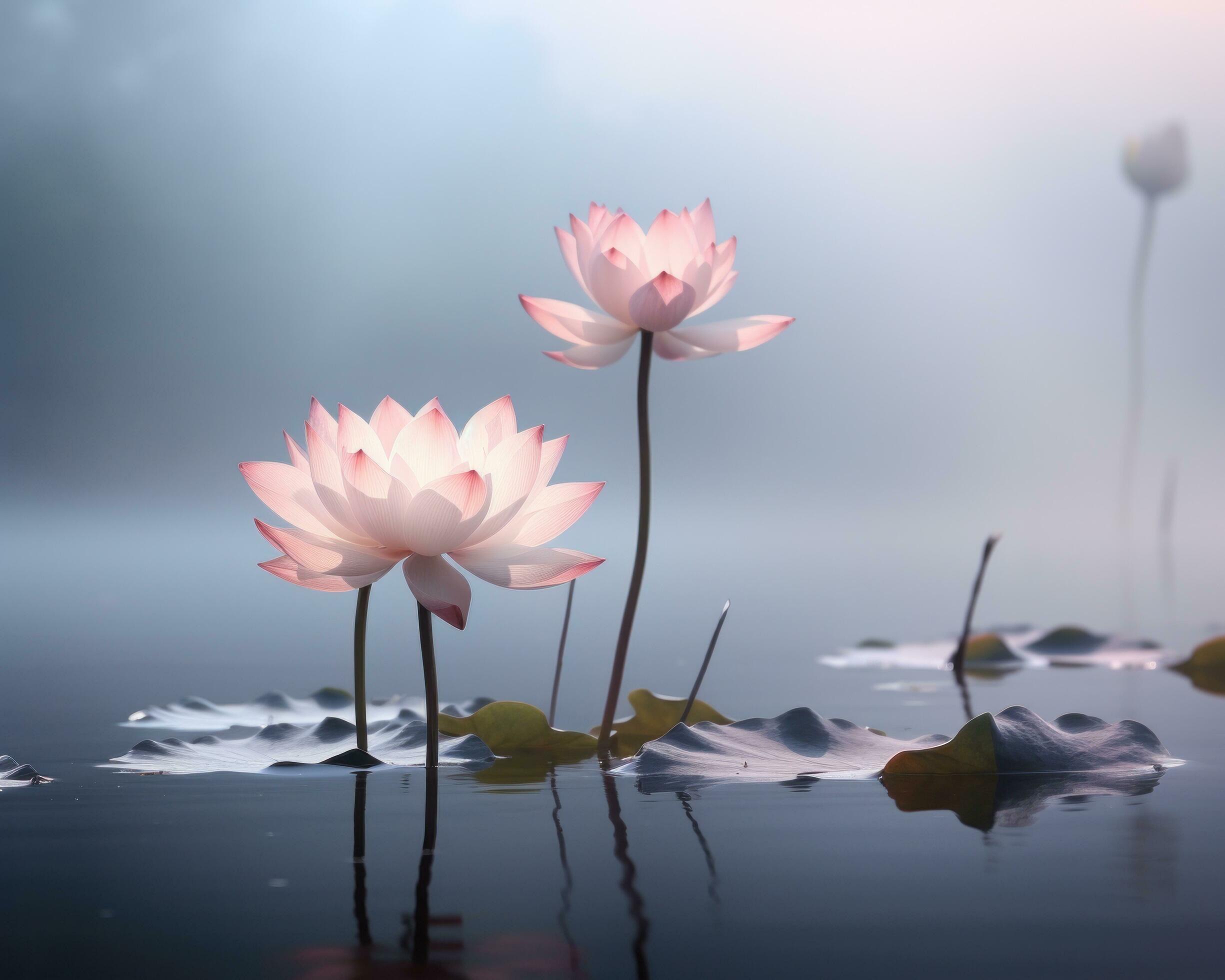 AI generated pink lotus flower floating on water on the blue background