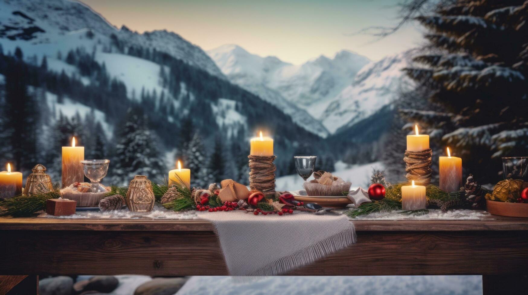 AI generated A rustic wooden table with Christmas decorations and candles photo