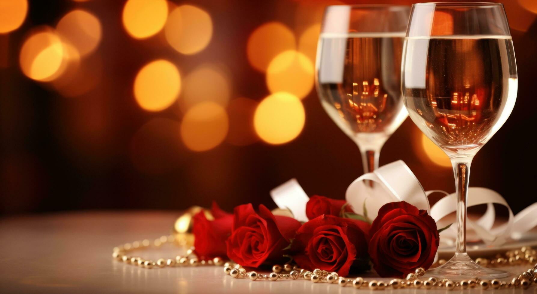 AI generated rose with champagne and sparkling lights photo