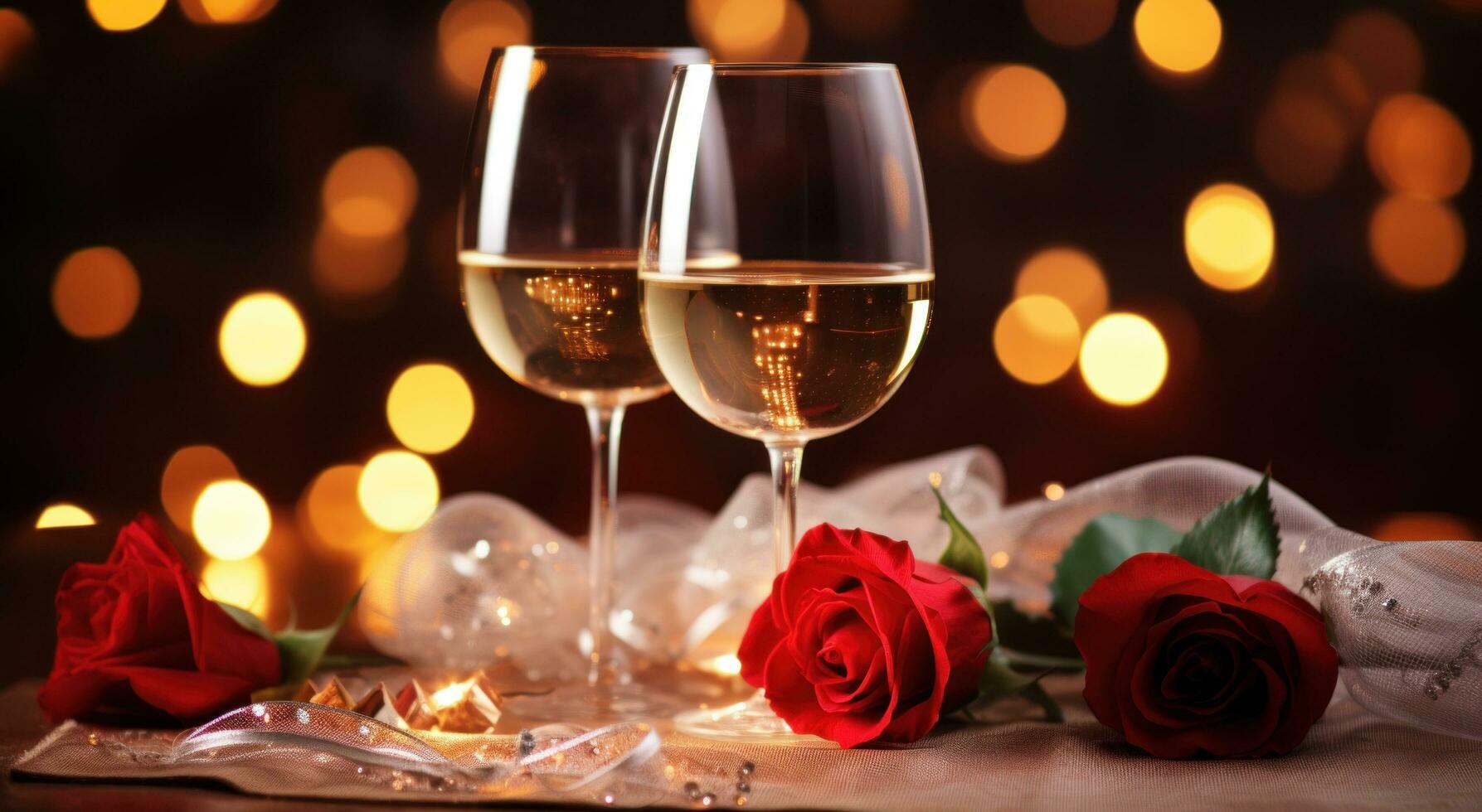 AI generated rose with champagne and sparkling lights photo