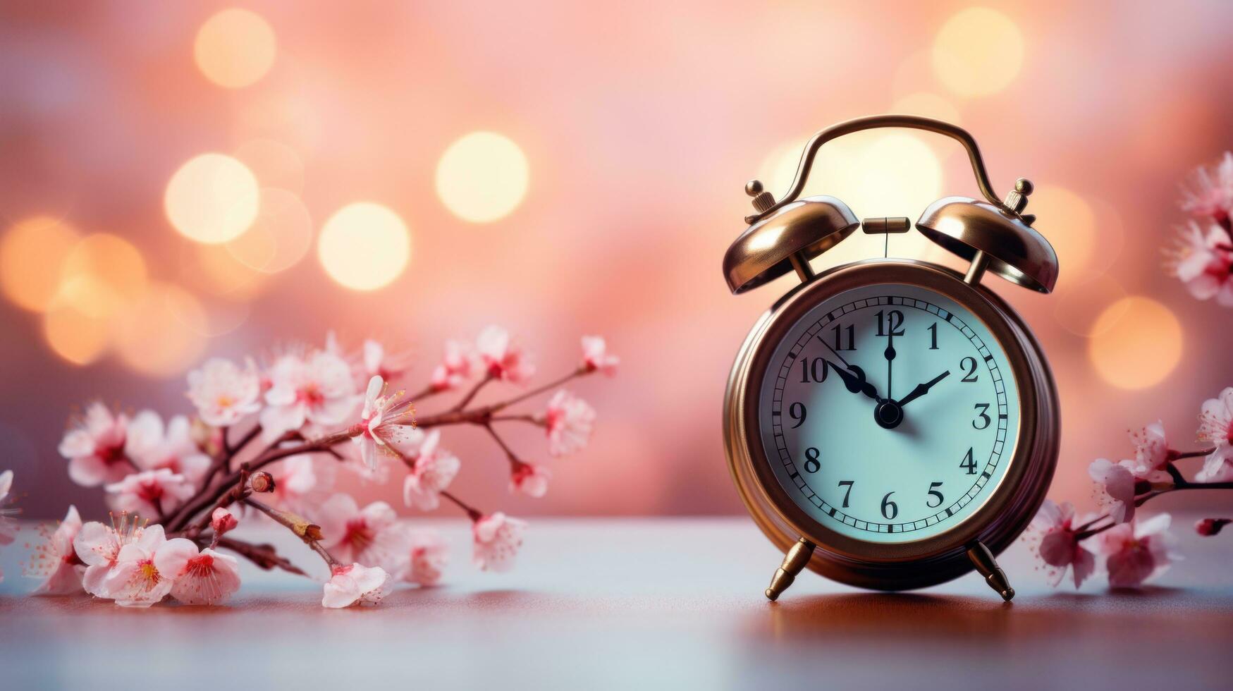 AI generated pink alarm clock in the cherry blossom background photo