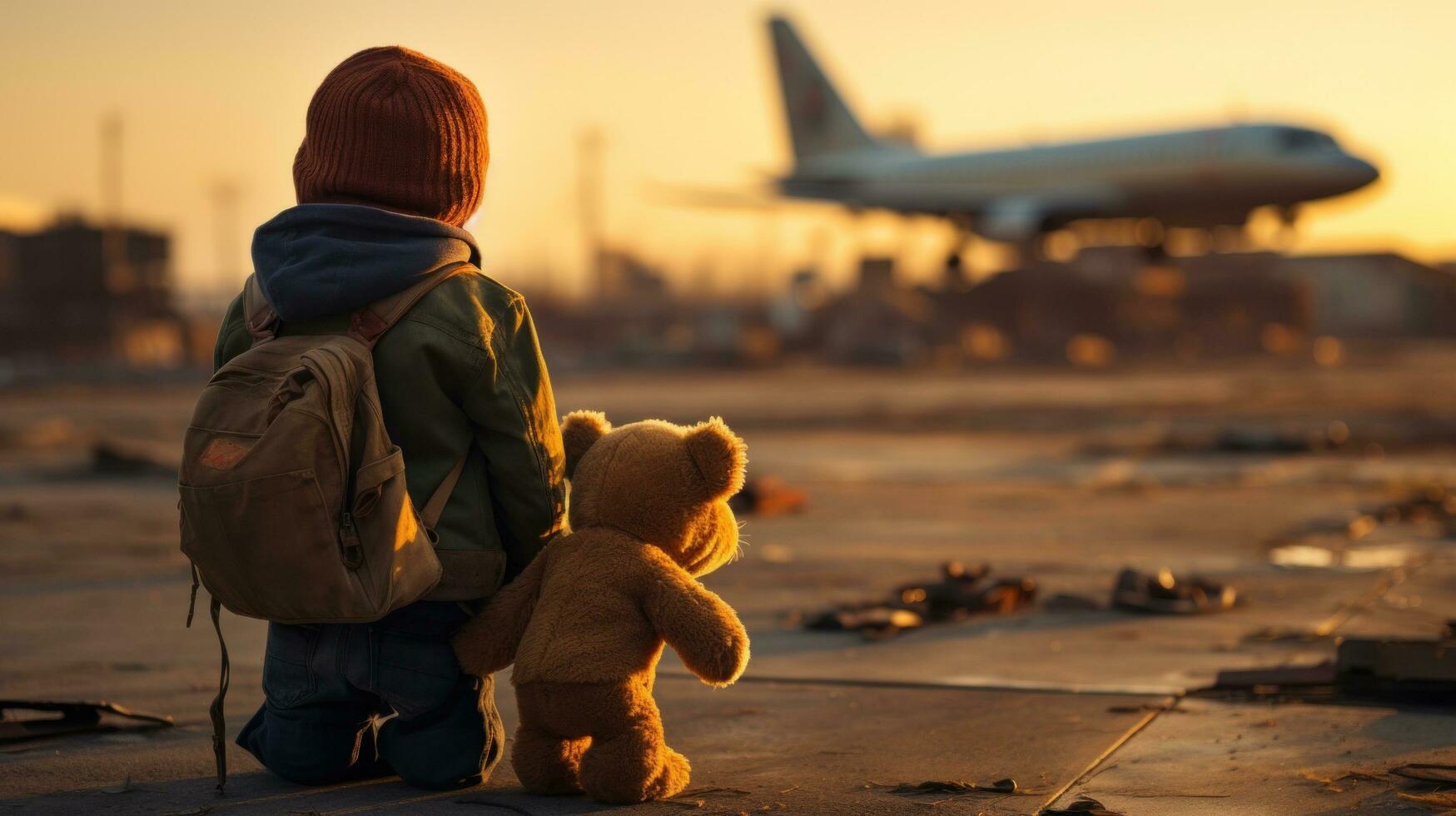 AI generated poor boy with a teddy bear watching an airplane depart photo