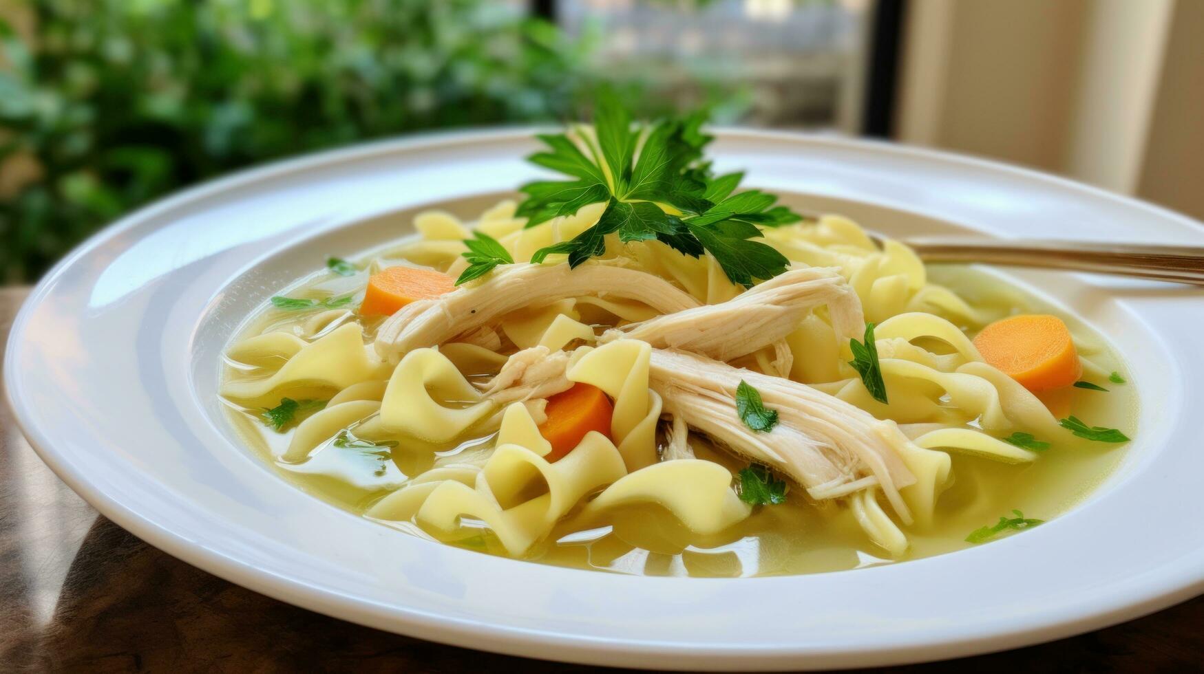 ai generado un clásico pollo fideos sopa con oferta trozos de pollo foto