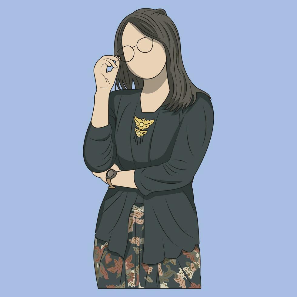 vector illustration of a young woman wearing glasses wearing a kebaya, traditional Indonesian clothing