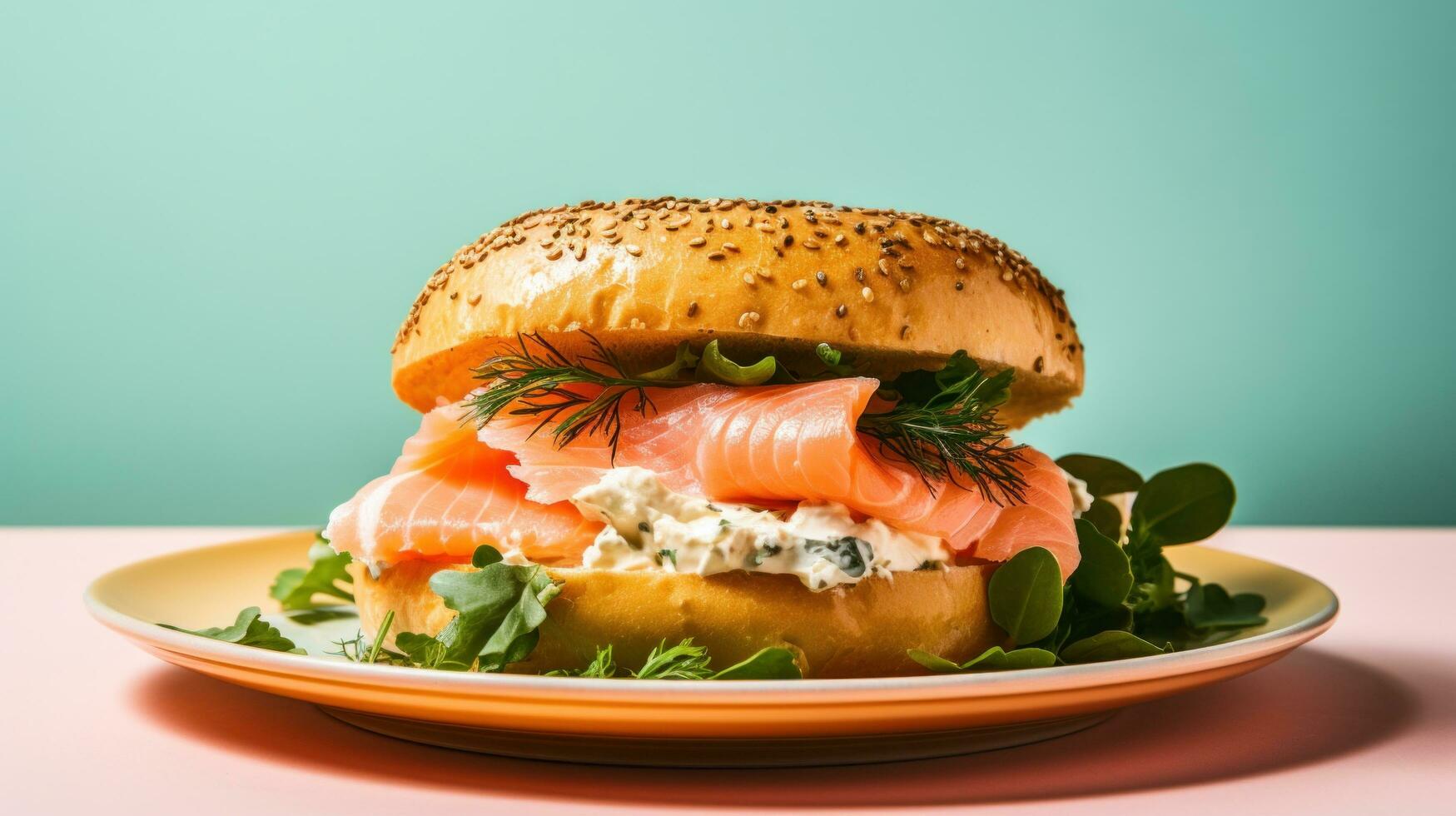 AI generated A plate of smoked salmon, cream cheese, and bagel with capers and red onion photo