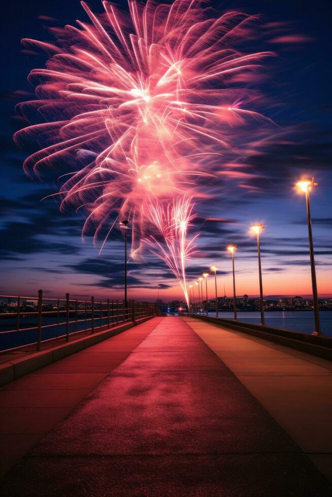 AI generated An artistic photo of fireworks with a long exposure, creating a beautiful trail of lights in the sky.