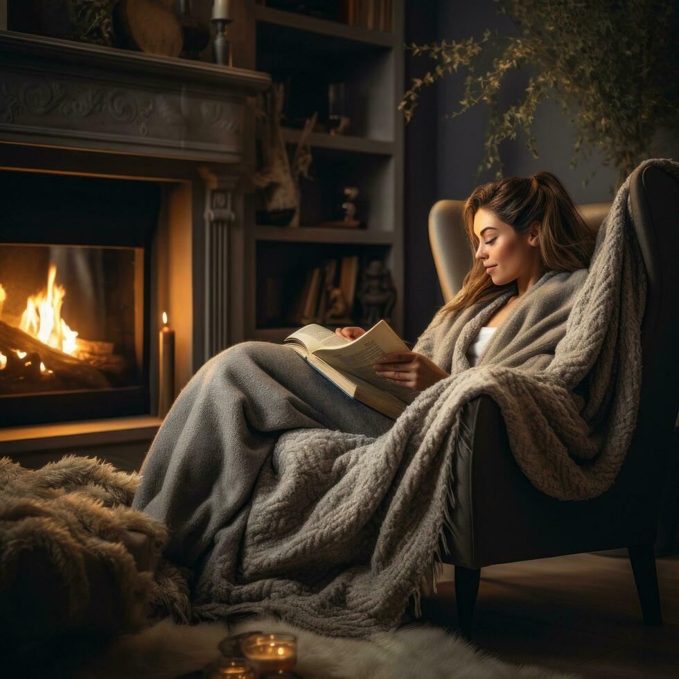 ai generado mujer se sienta en un acogedor sillón, envuelto en un suave cobija y leyendo un libro por el fuego foto