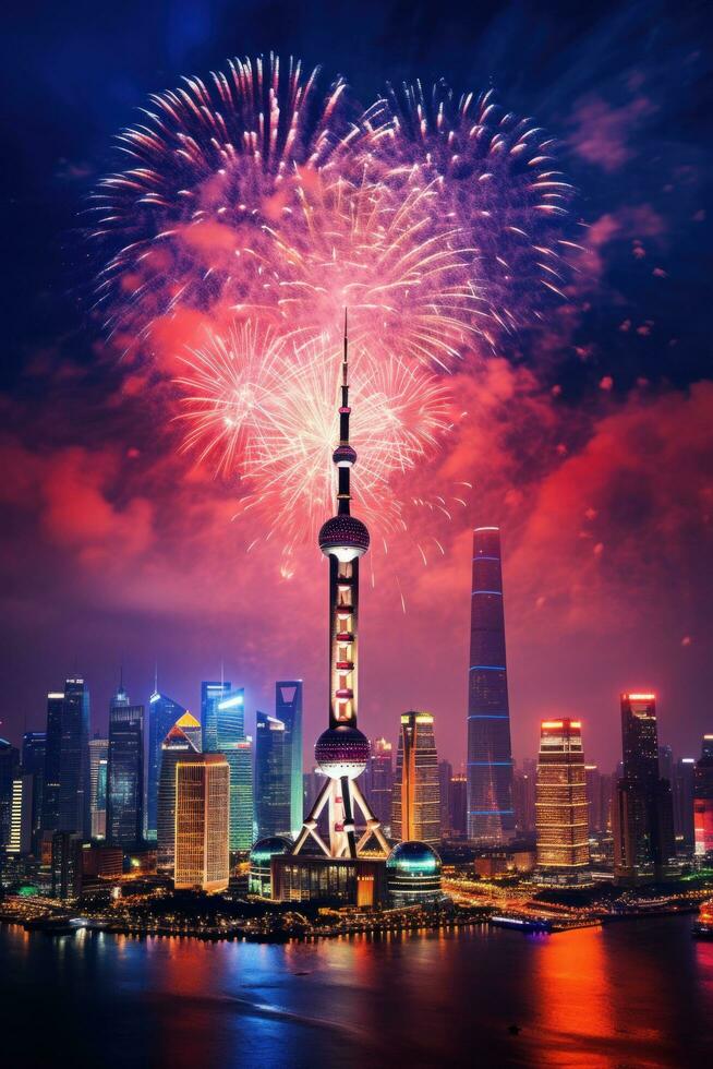 AI generated A stunning fireworks display lighting up the night sky above a city skyline photo