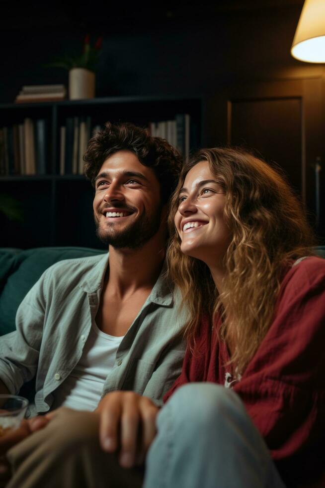AI generated A young couple holding hands while sitting on a couch, watching a romantic comedy on TV photo