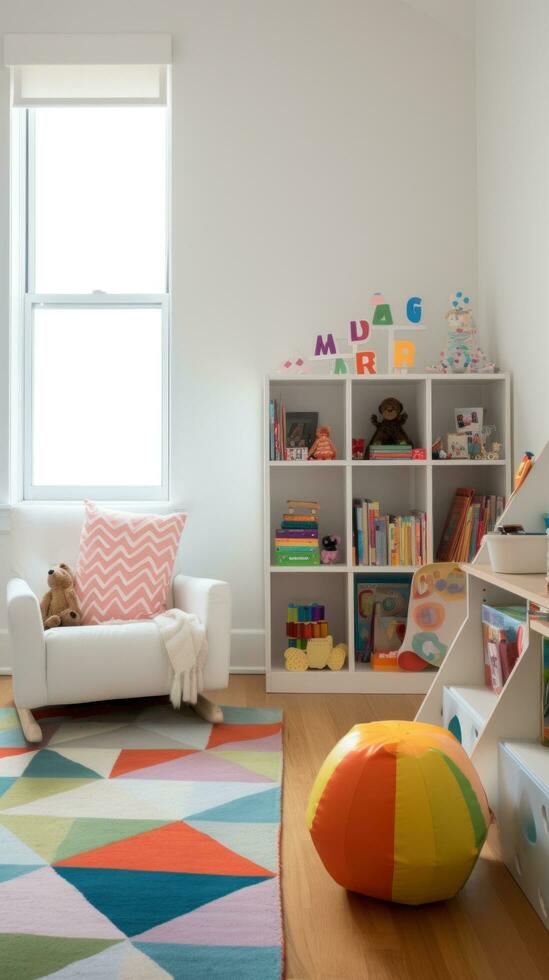 ai generado para niños habitación con un vistoso alfombra, estante para libros con vistoso almacenamiento papeleras, un silla y un piso lámpara. foto