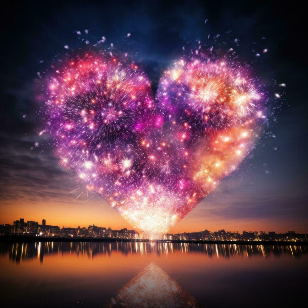 AI generated photo of fireworks in the shape of a heart, ideal for Valentine's Day or wedding-related promotions