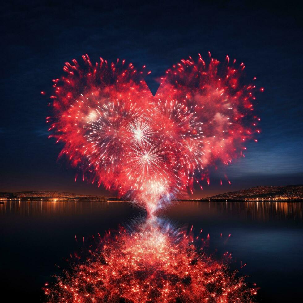 AI generated photo of fireworks in the shape of a heart, ideal for Valentine's Day or wedding-related promotions