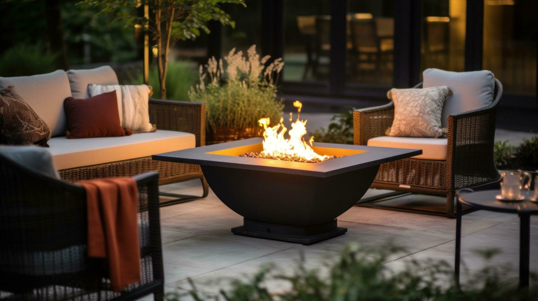 AI generated beautifully designed outdoor patio area with modern furniture, potted plants, and a cozy fire pit. photo