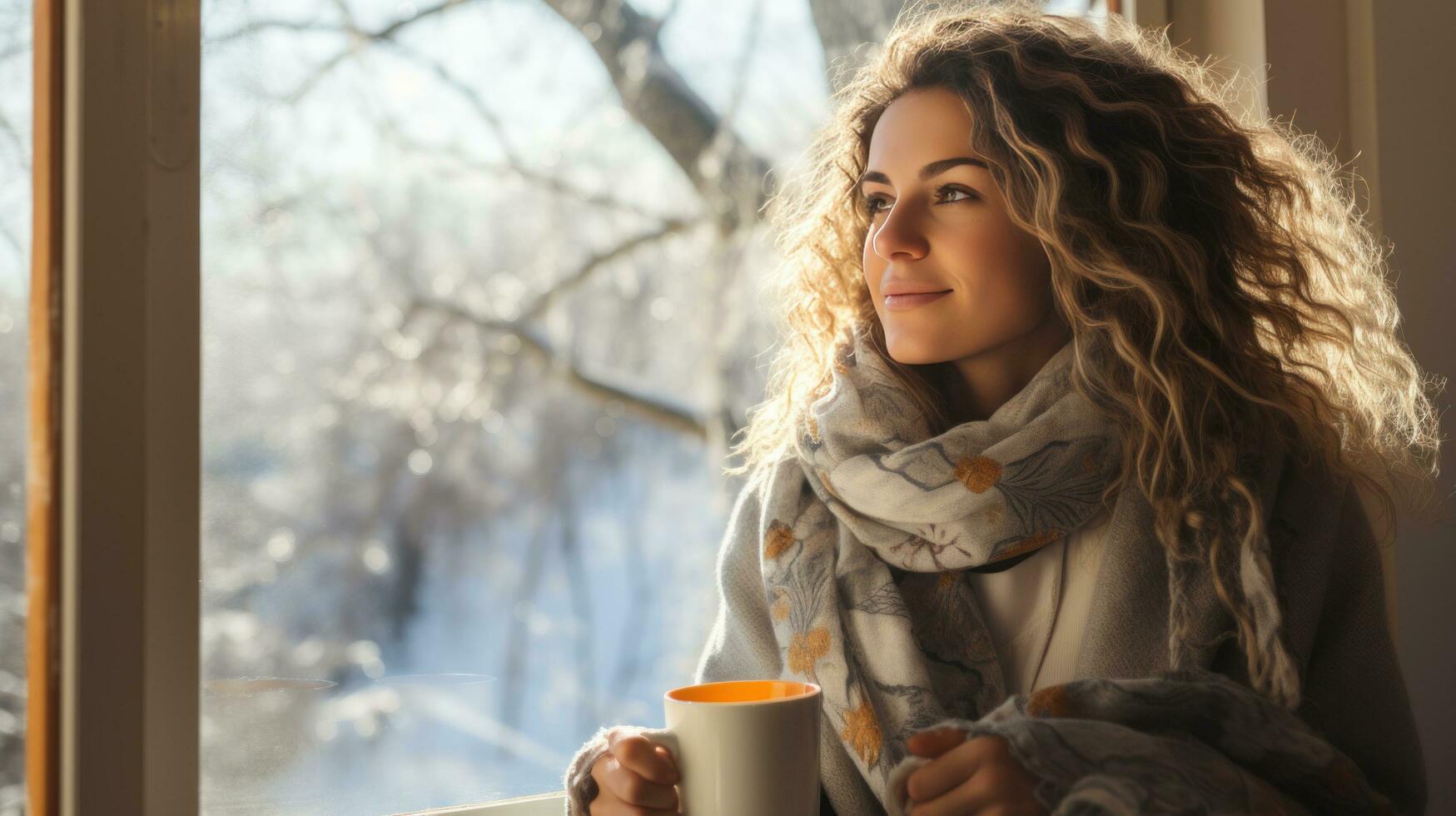 AI generated woman sits bundled up in scarf and jacket, sipping a warm drink while looking out at a snowy forest photo