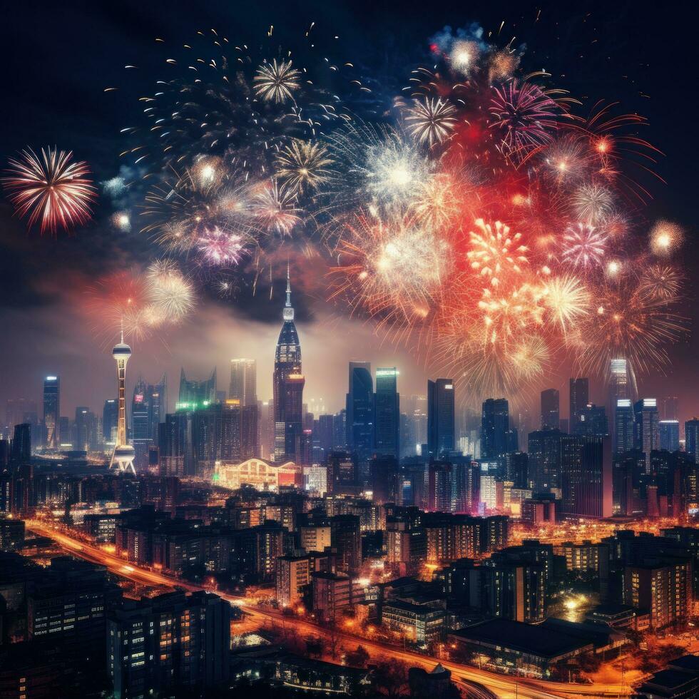 AI generated A stunning fireworks display lighting up the night sky above a city skyline photo