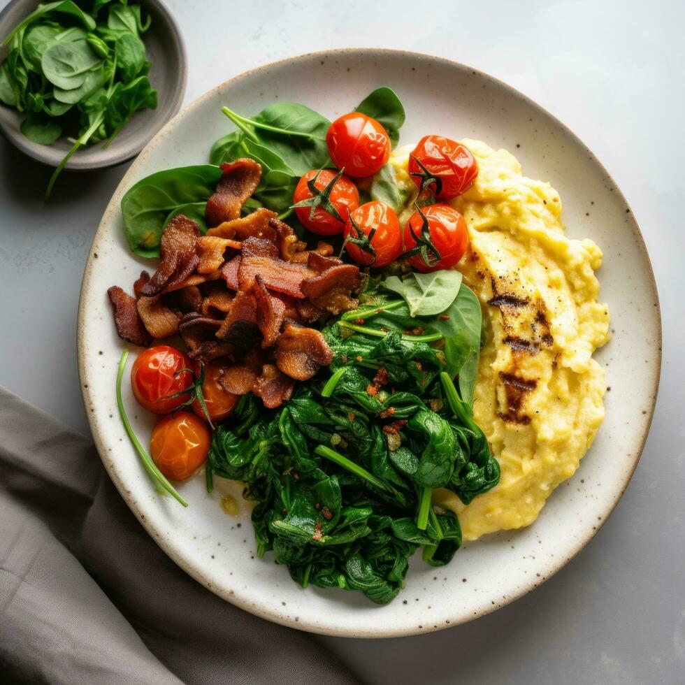 AI generated A plate of scrambled eggs with crispy bacon, roasted cherry tomatoes photo
