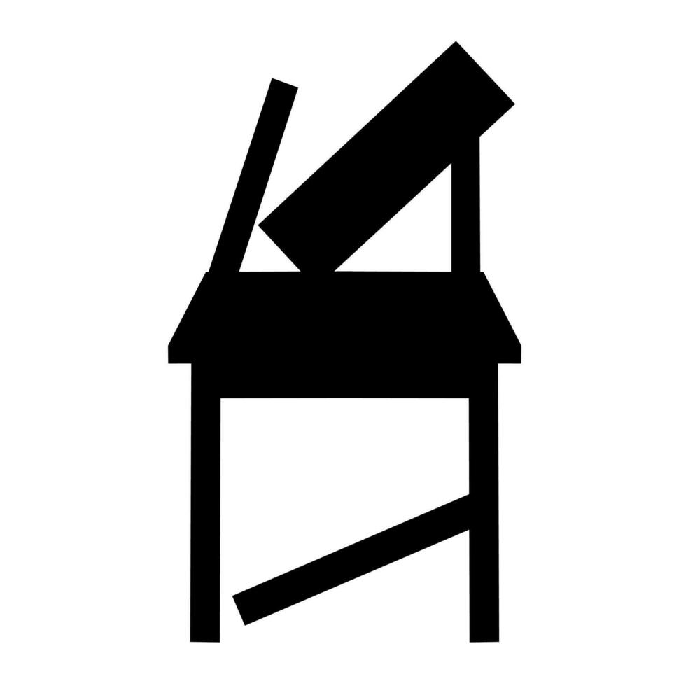 Vector silhouette of broken wooden chair on white background. Unusable bent bench.