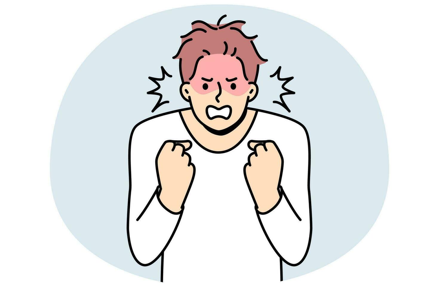Furious young man clench fists struggle with madness or panic. Angry male feeling emotional and enraged. Rage and emotion control. Vector illustration.