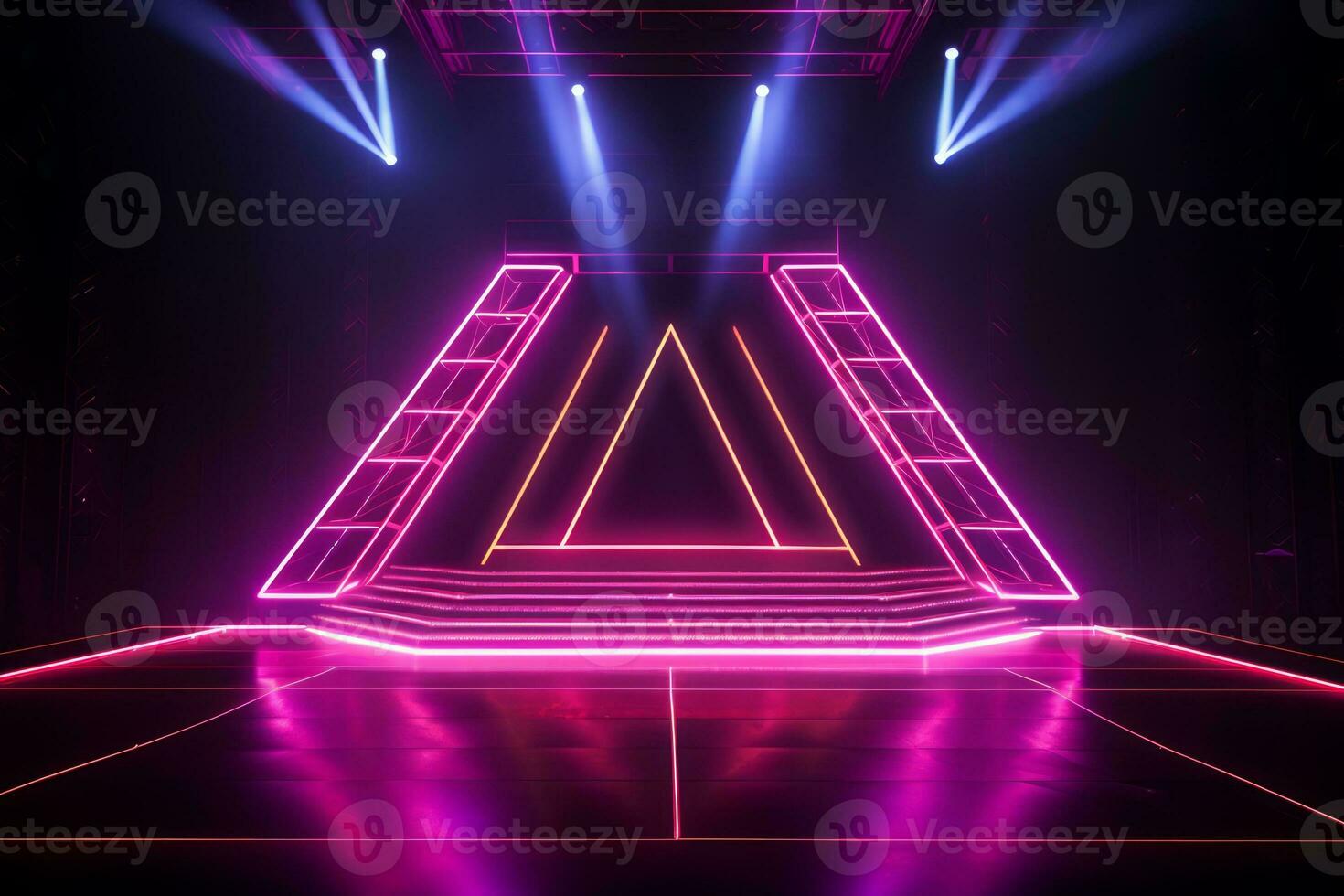 AI generated Neon colours stage with laser lights photo