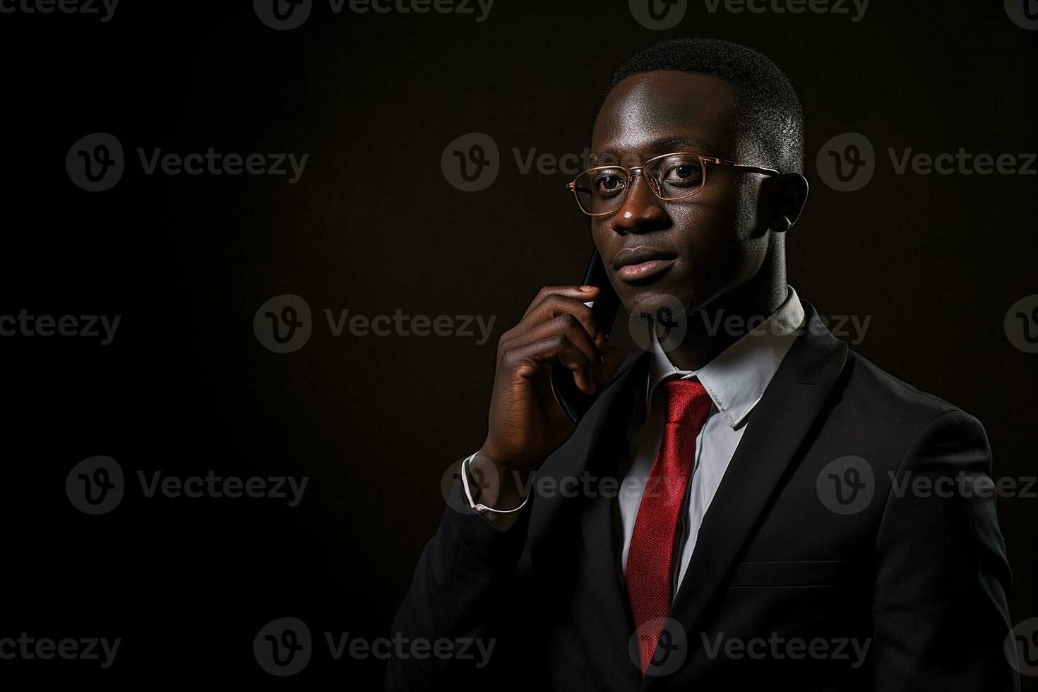 AI generated Portrait of businessman in suit speaking on smart phone at modern office building photo