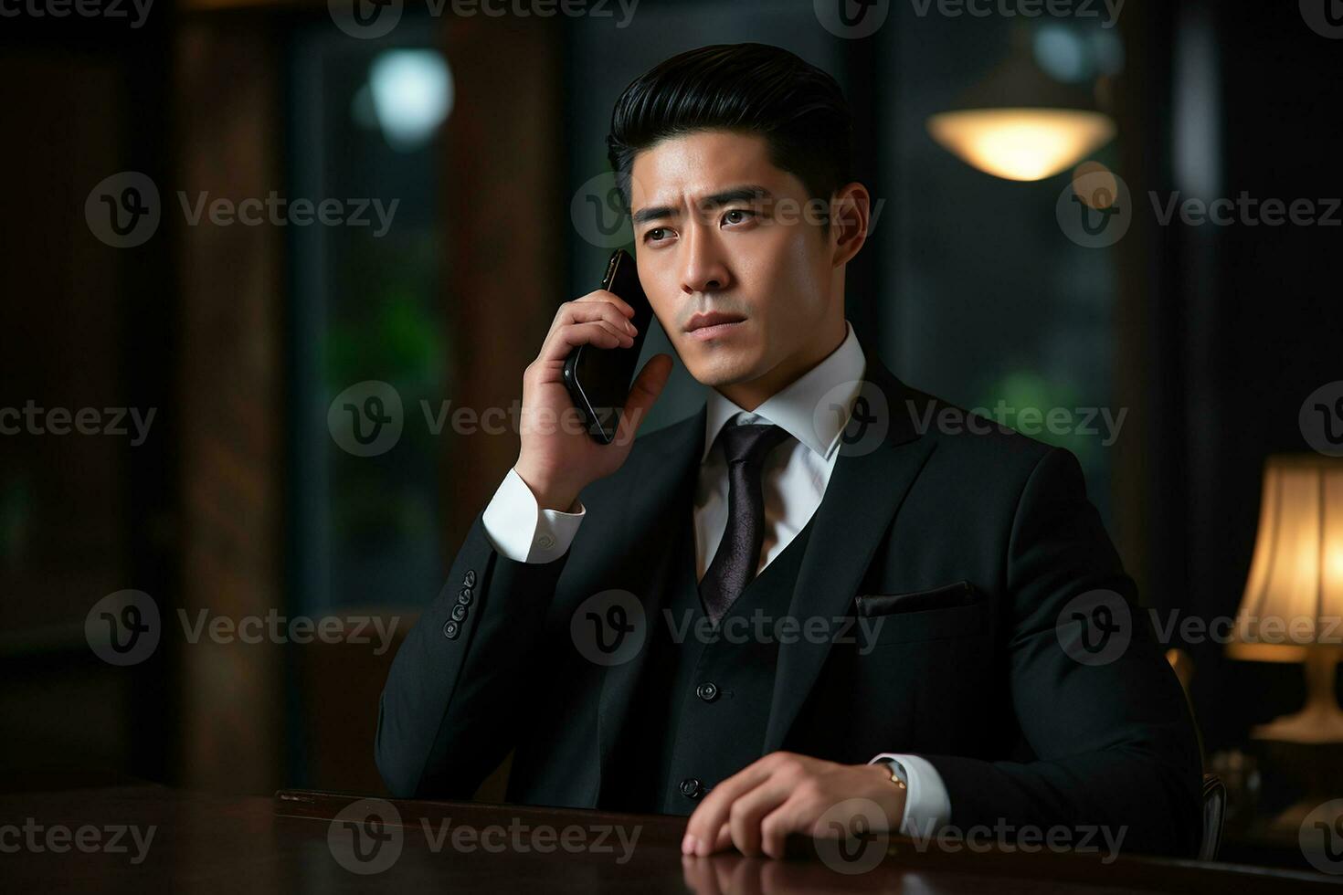AI generated Portrait of businessman in suit speaking on smart phone at modern office building photo