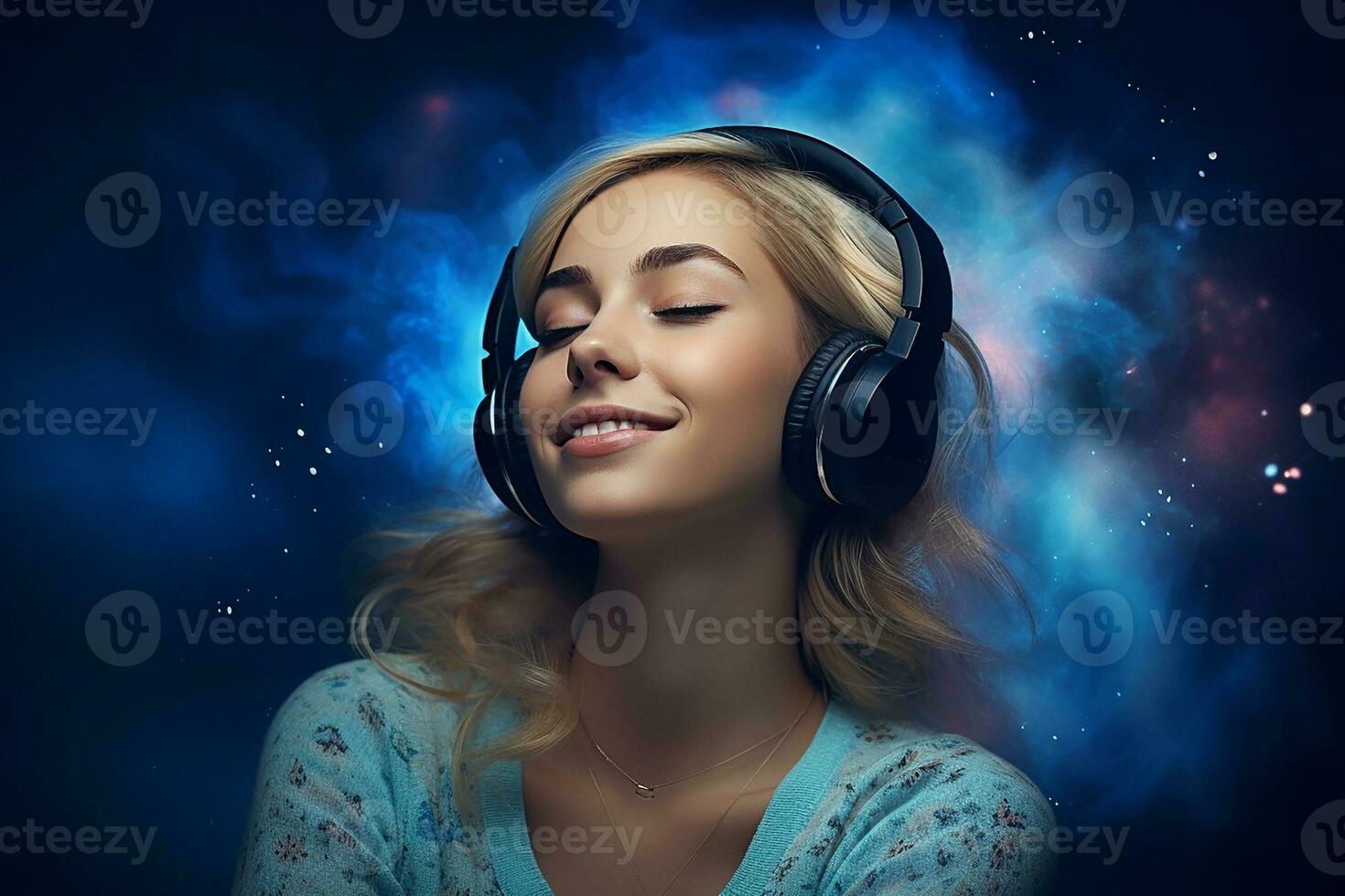 AI generated Girl listening music in headphones photo